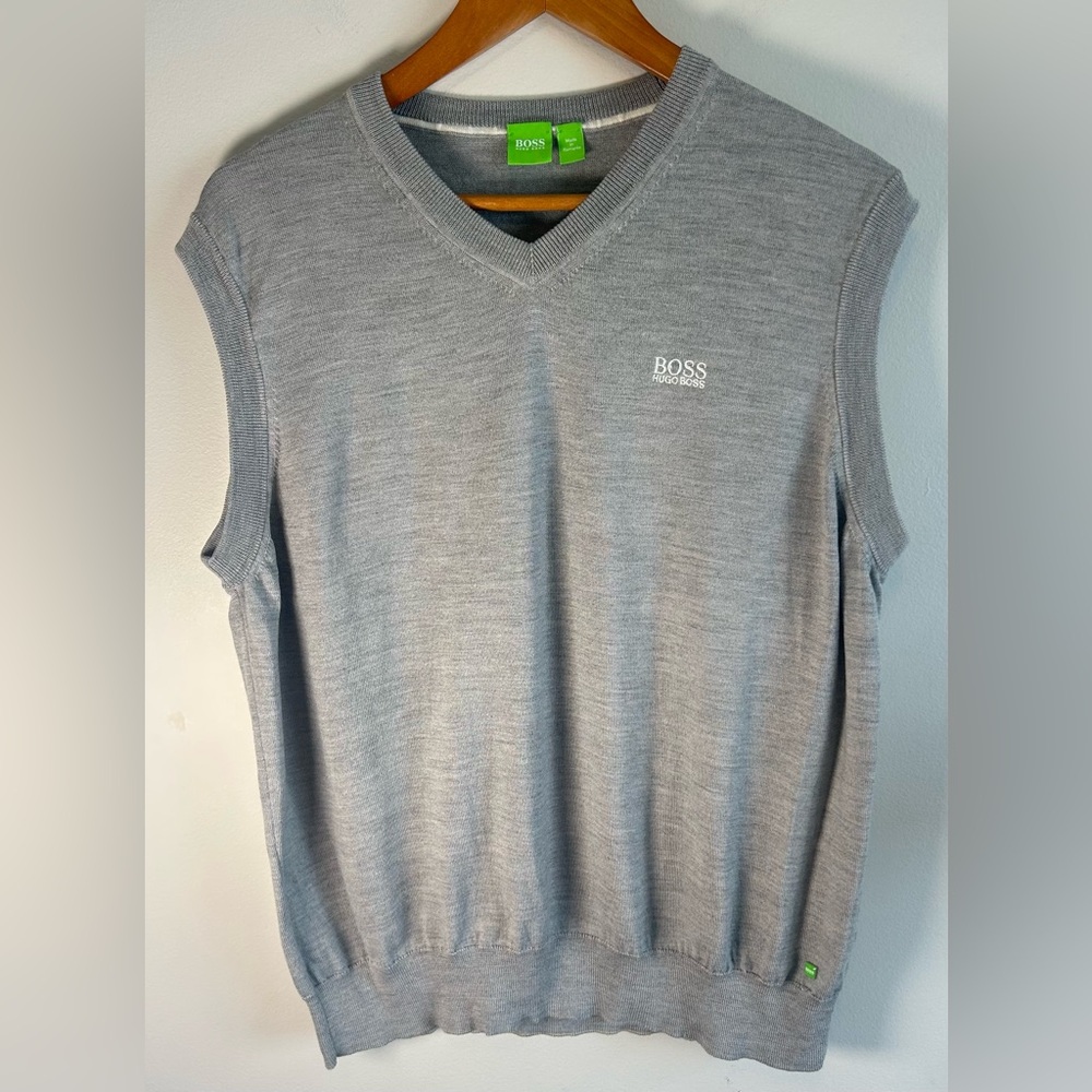 Hugo Boss Men’s Light Gray Vest XXL Logo Knit Pullover Golf Virgin Wool NWOT